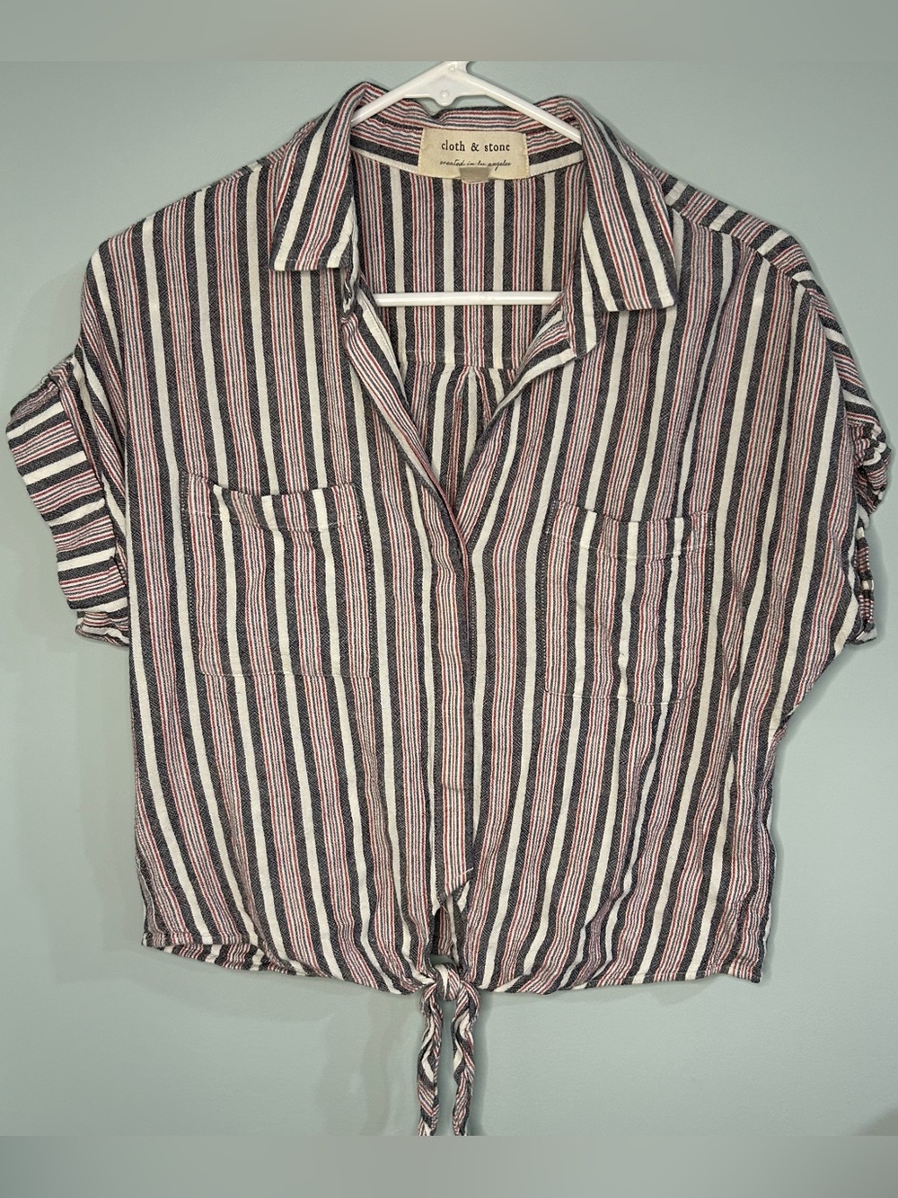 Cloth & Stone Striped Linen Blend Tie-Front Crop Collared Button Up Shirt S
